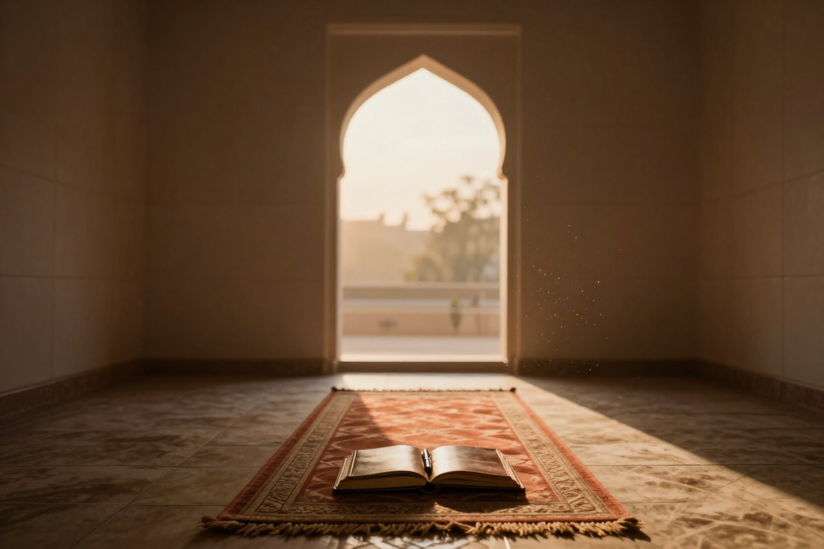 Muhasabah — sejadah dan jurnal di ruang senja dengan cahaya keemasan dari gerbang